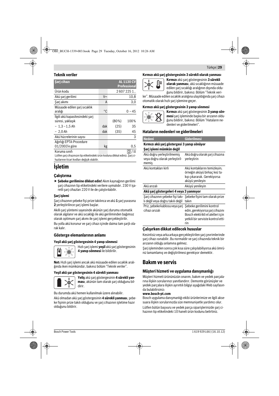 Işletim, Bakım ve servis | Bosch AL 1130 CV User Manual | Page 29 / 65