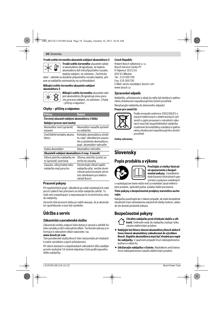 Slovensky, Údržba a servis, Popis produktu a výkonu | Bezpečnostné pokyny | Bosch AL 1130 CV User Manual | Page 34 / 65