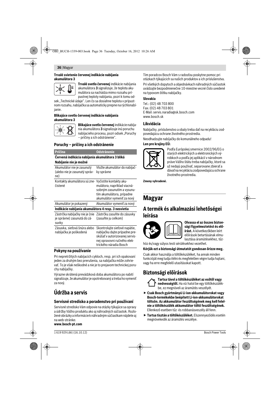 Magyar, Údržba a servis, A termék és alkalmazási lehetőségei leírása | Biztonsági előírások | Bosch AL 1130 CV User Manual | Page 36 / 65