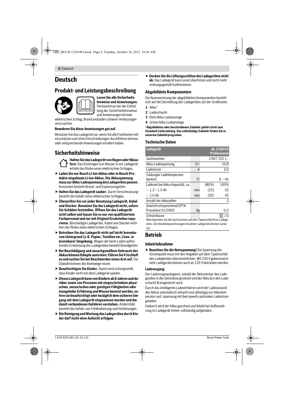 Deutsch, Produkt- und leistungsbeschreibung, Sicherheitshinweise | Betrieb | Bosch AL 1130 CV User Manual | Page 4 / 65