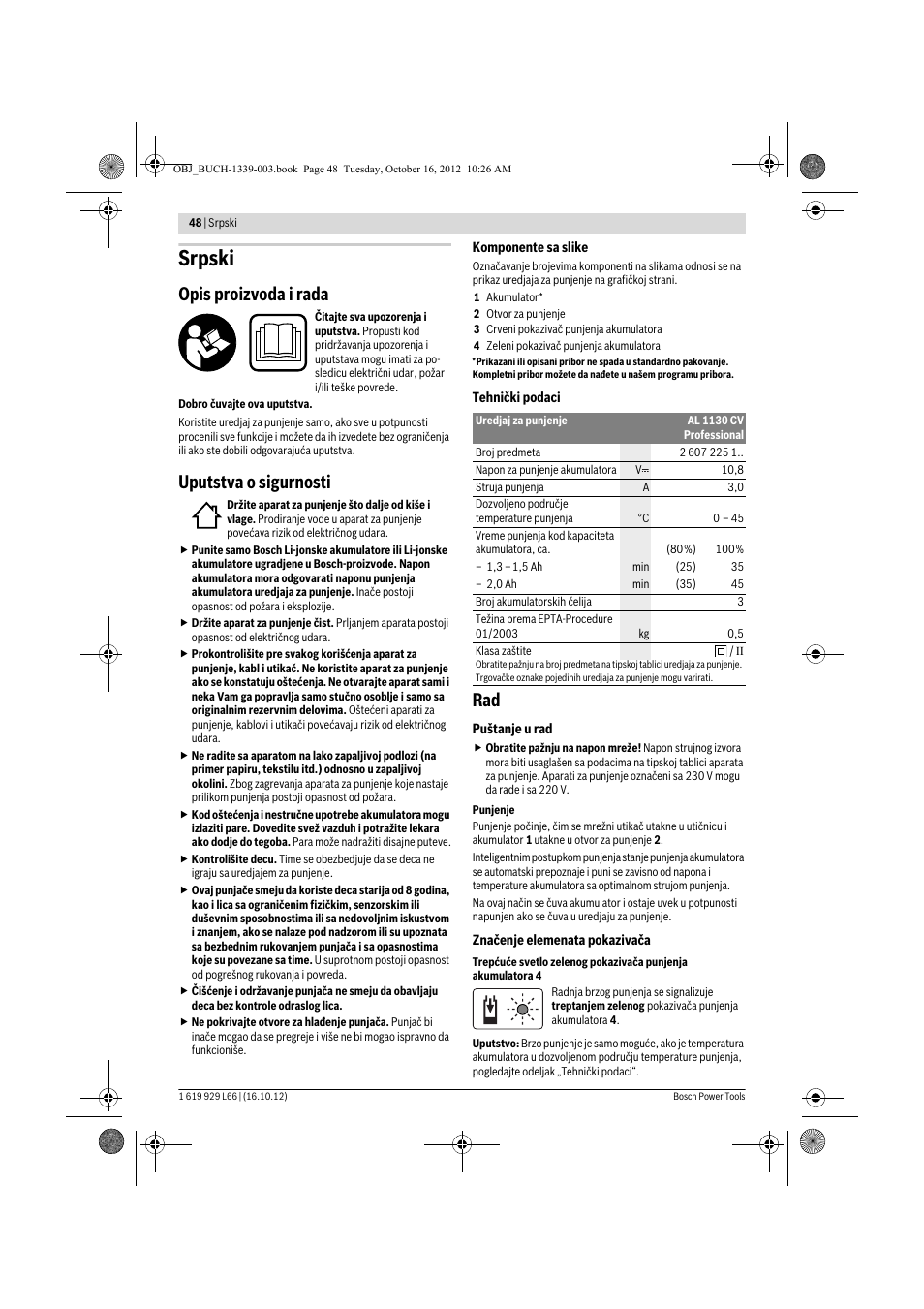 Srpski, Opis proizvoda i rada, Uputstva o sigurnosti | Bosch AL 1130 CV User Manual | Page 48 / 65