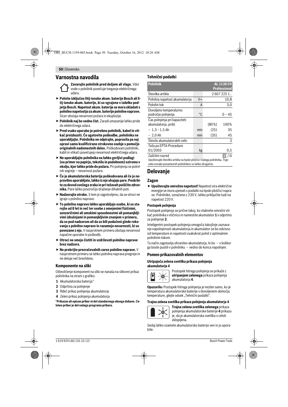 Varnostna navodila, Delovanje | Bosch AL 1130 CV User Manual | Page 50 / 65