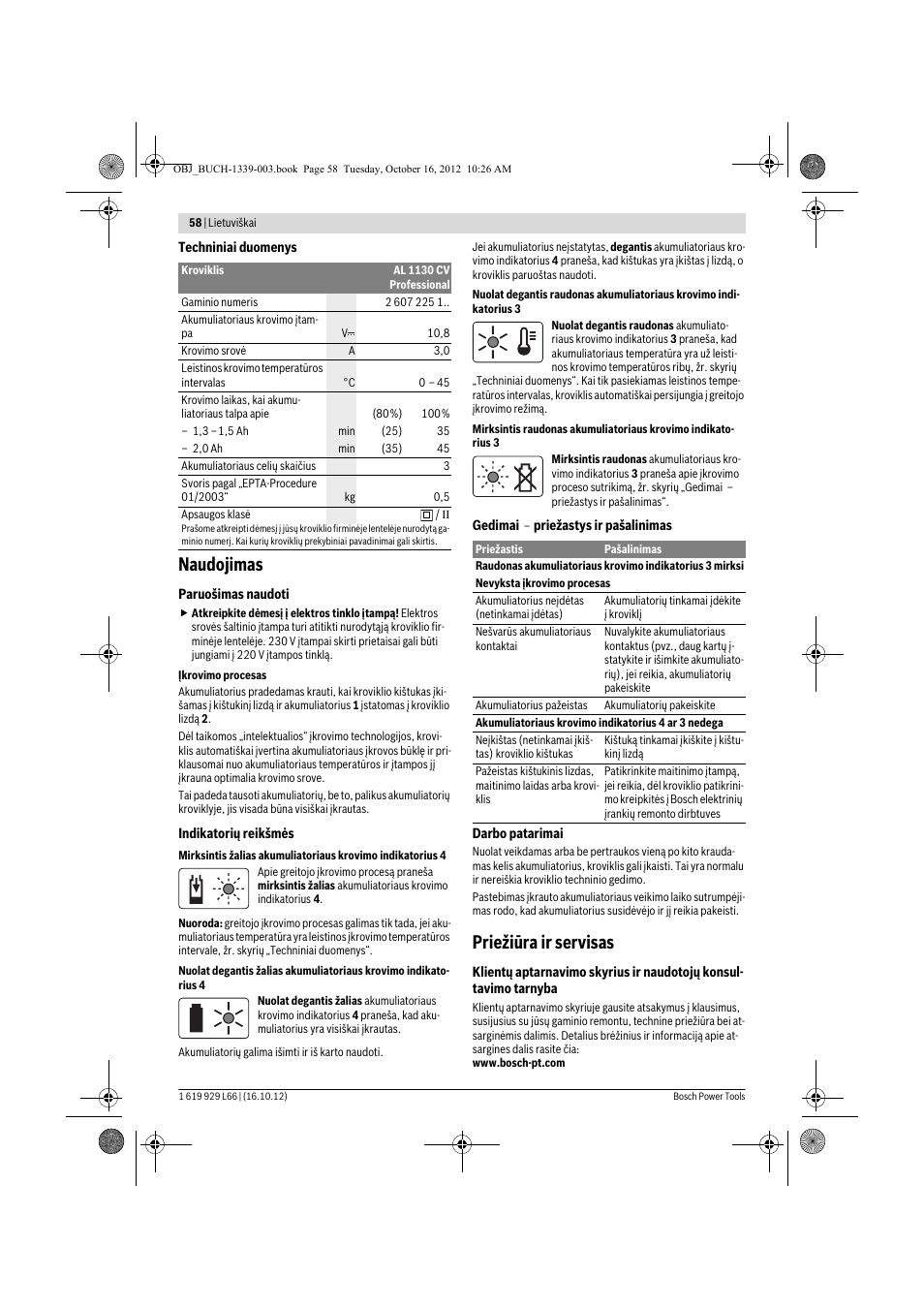 Naudojimas, Priežiūra ir servisas | Bosch AL 1130 CV User Manual | Page 58 / 65