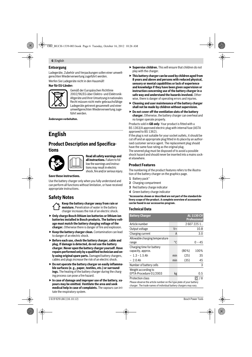 English, Product description and specifica- tions | Bosch AL 1130 CV User Manual | Page 6 / 65