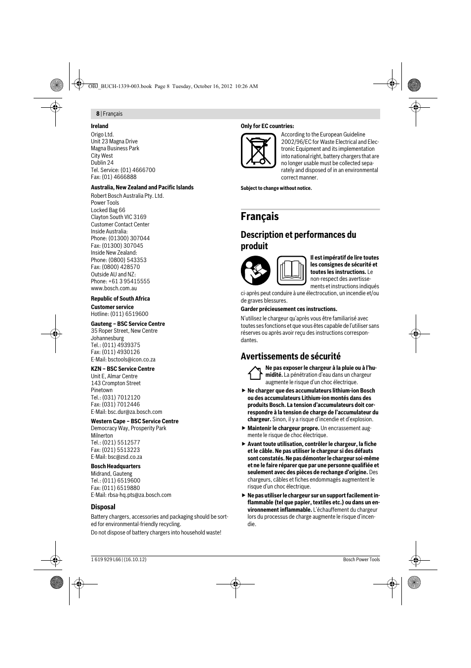 Français, Description et performances du produit, Avertissements de sécurité | Bosch AL 1130 CV User Manual | Page 8 / 65