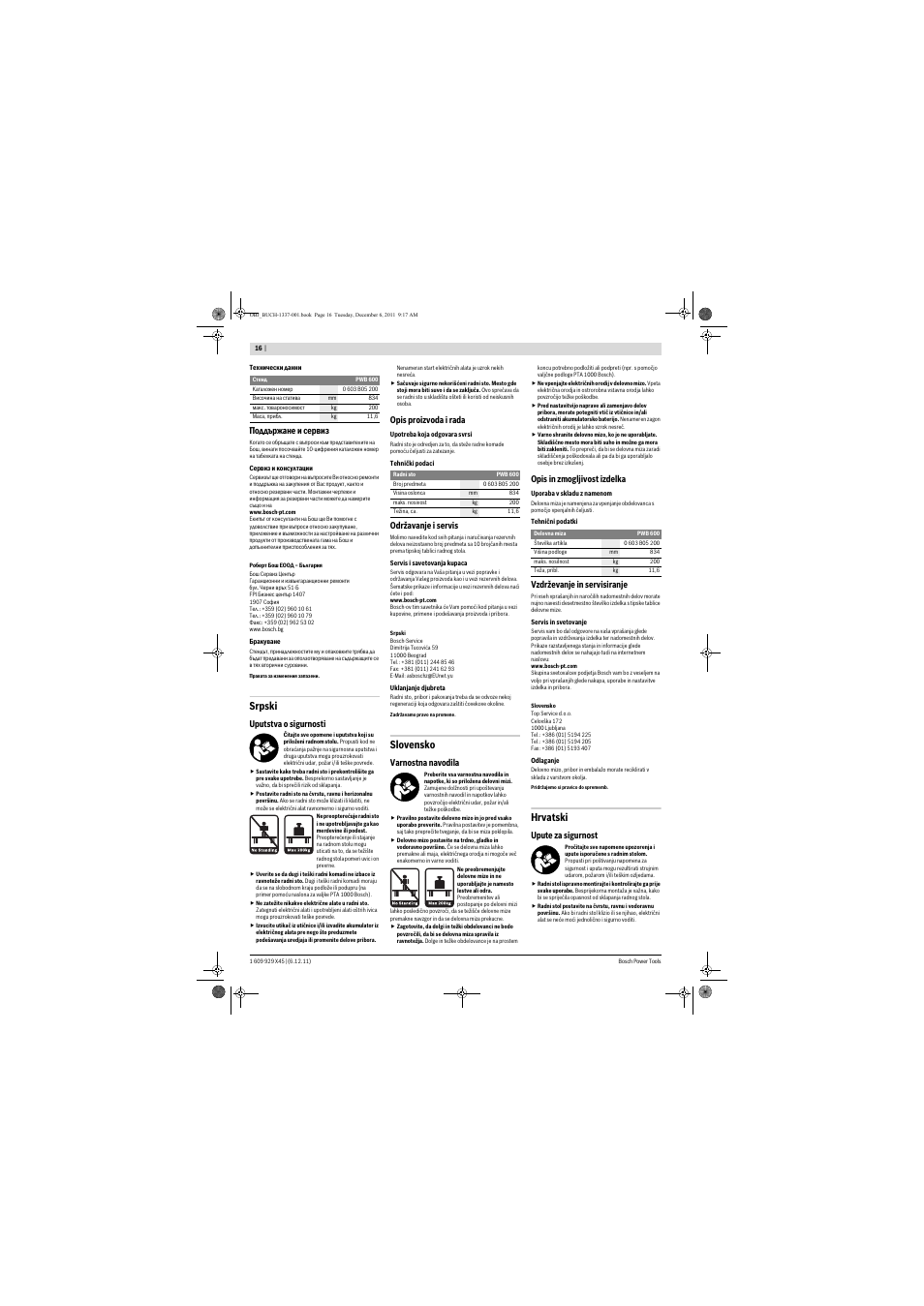 Srpski, Slovensko, Hrvatski | Bosch PWB 600 User Manual | Page 16 / 18