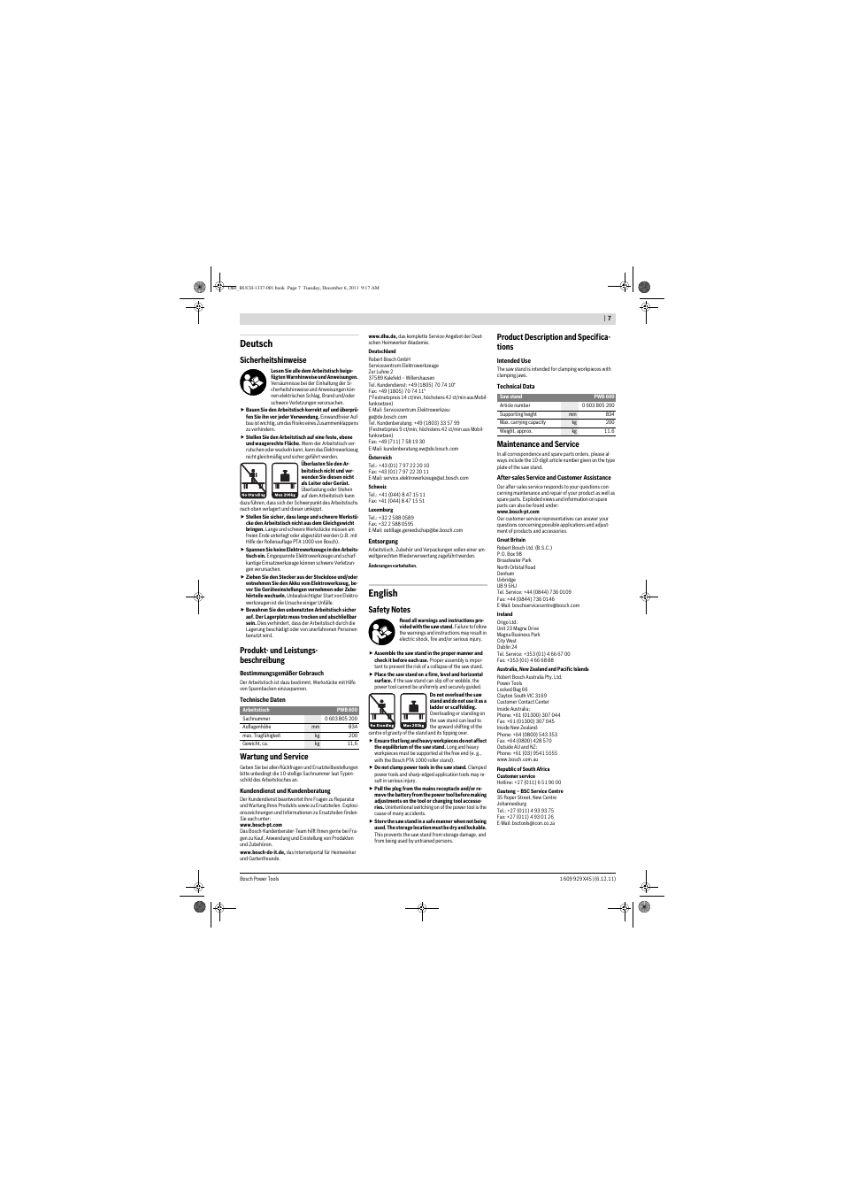 Deutsch, English | Bosch PWB 600 User Manual | Page 7 / 18