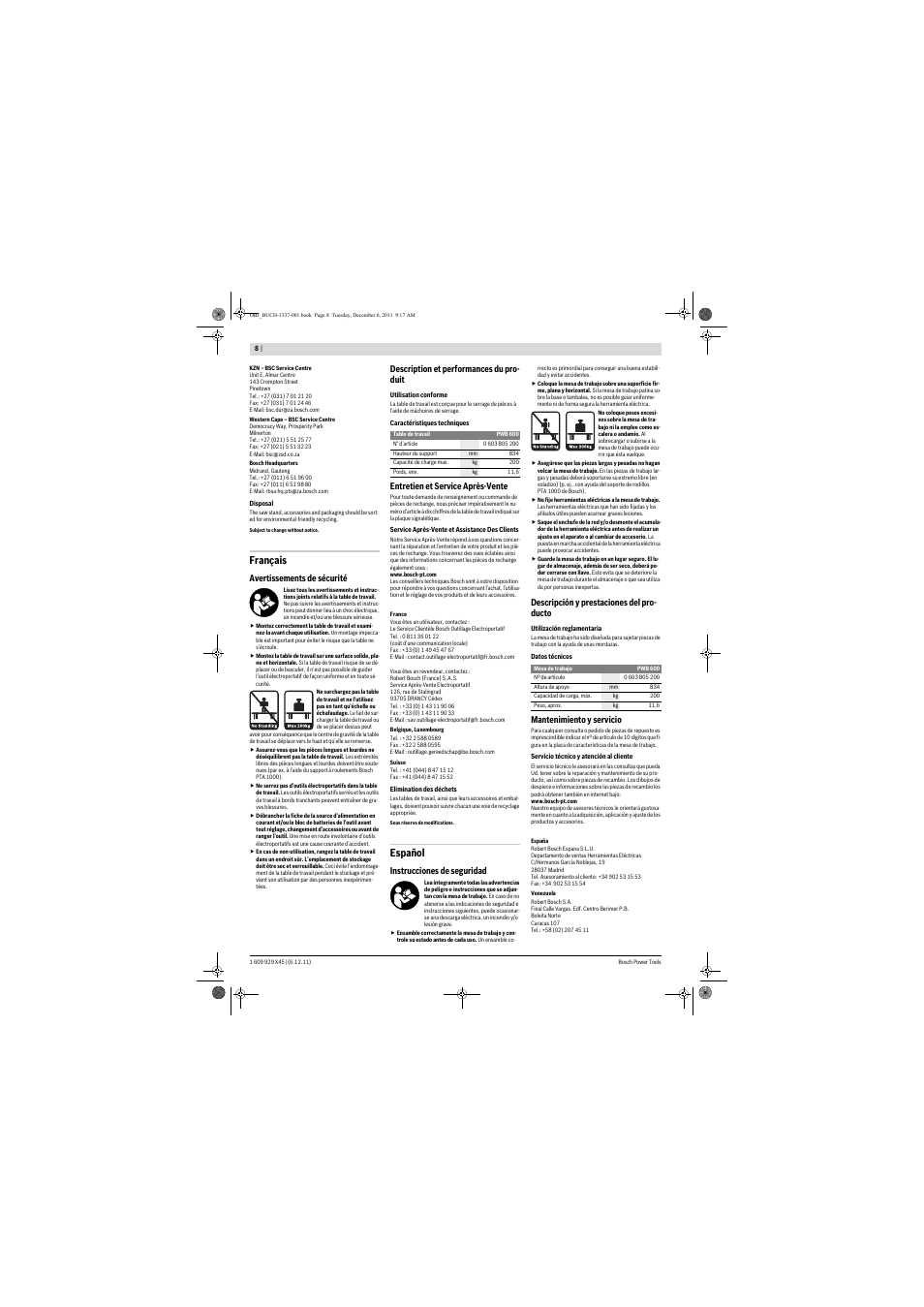 Français, Español | Bosch PWB 600 User Manual | Page 8 / 18