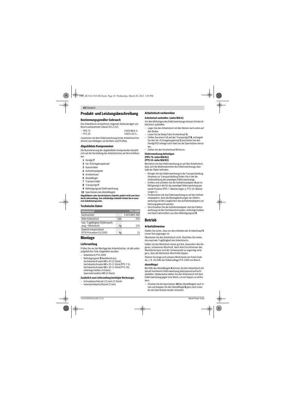 Produkt- und leistungsbeschreibung, Montage, Betrieb | Bosch PTA 2000 User Manual | Page 10 / 76