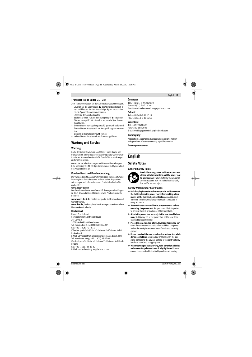 English, Wartung und service | Bosch PTA 2000 User Manual | Page 11 / 76