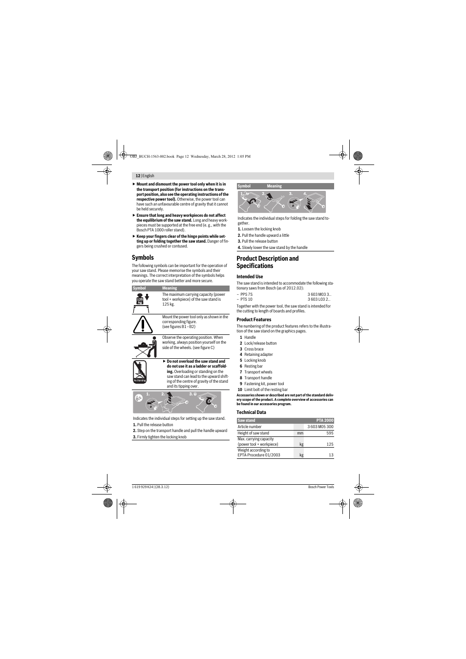 Symbols, Product description and specifications | Bosch PTA 2000 User Manual | Page 12 / 76