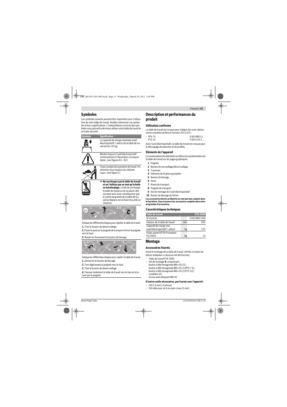 Symboles, Description et performances du produit, Montage | Bosch PTA 2000 User Manual | Page 15 / 76