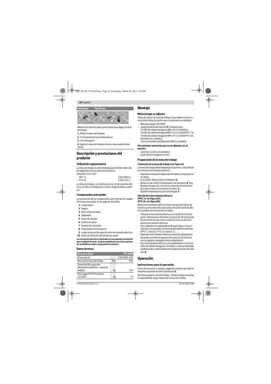 Descripción y prestaciones del producto, Montaje, Operación | Bosch PTA 2000 User Manual | Page 18 / 76