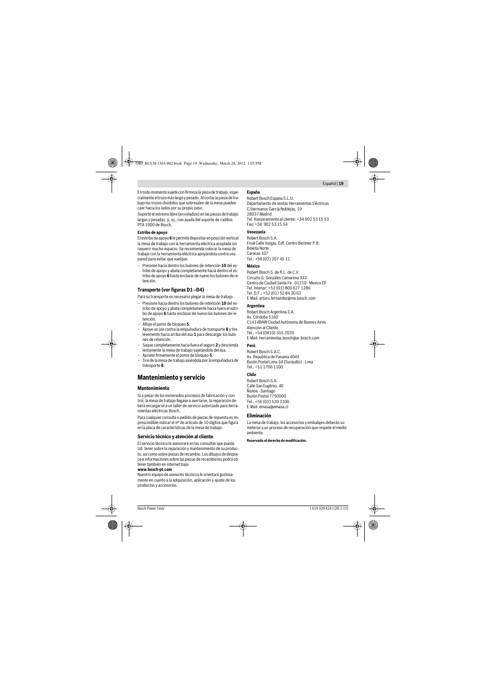 Mantenimiento y servicio | Bosch PTA 2000 User Manual | Page 19 / 76