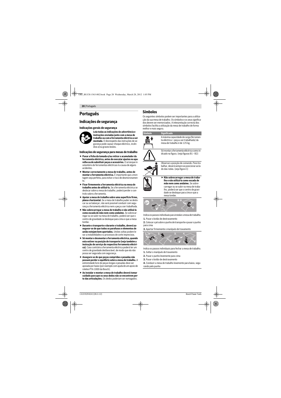 Português, Indicações de segurança, Símbolos | Bosch PTA 2000 User Manual | Page 20 / 76