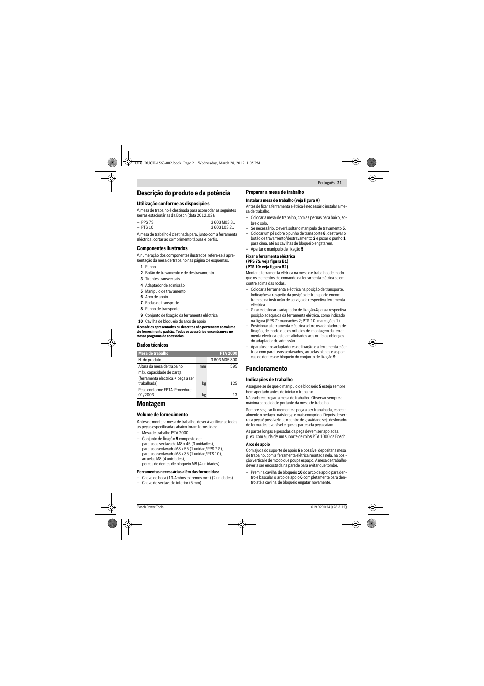 Descrição do produto e da potência, Montagem, Funcionamento | Bosch PTA 2000 User Manual | Page 21 / 76