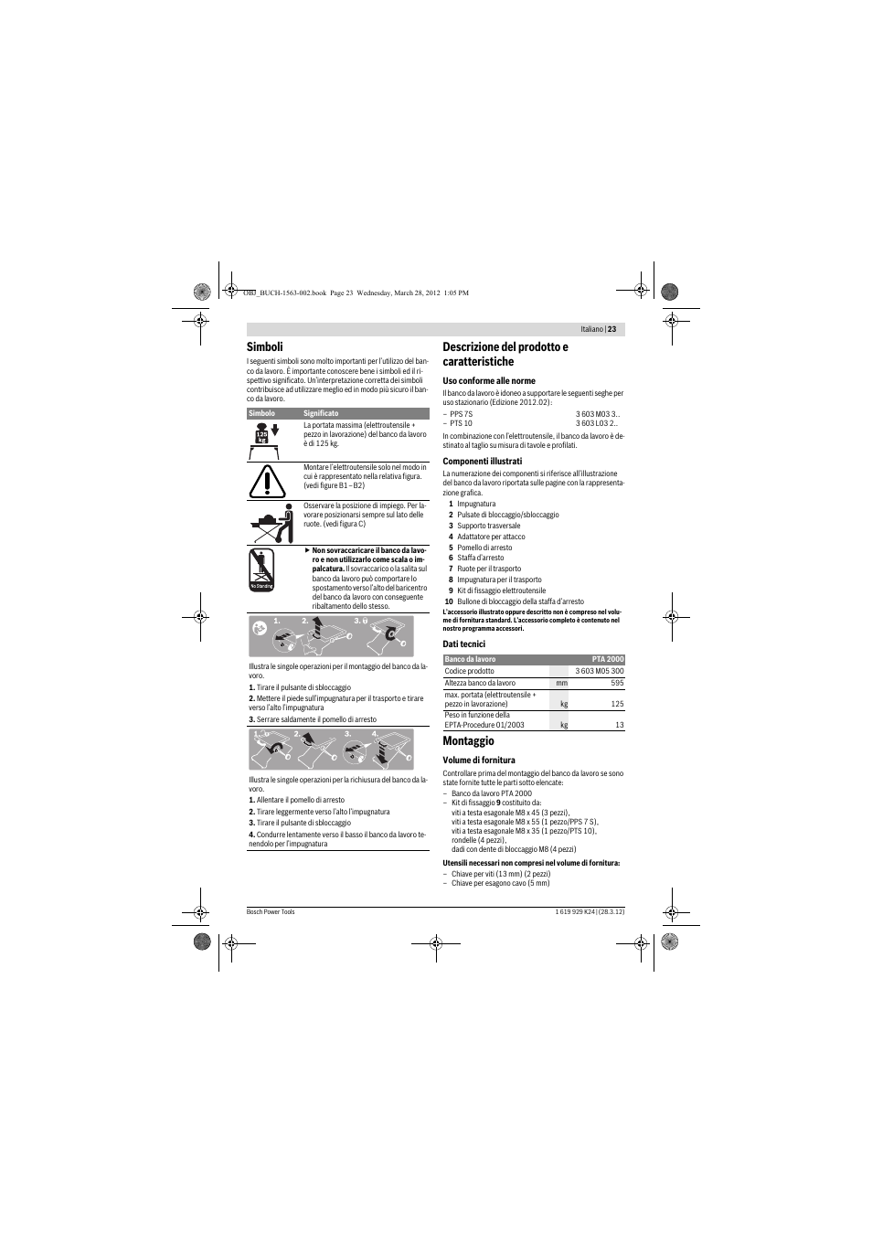 Simboli, Descrizione del prodotto e caratteristiche, Montaggio | Bosch PTA 2000 User Manual | Page 23 / 76