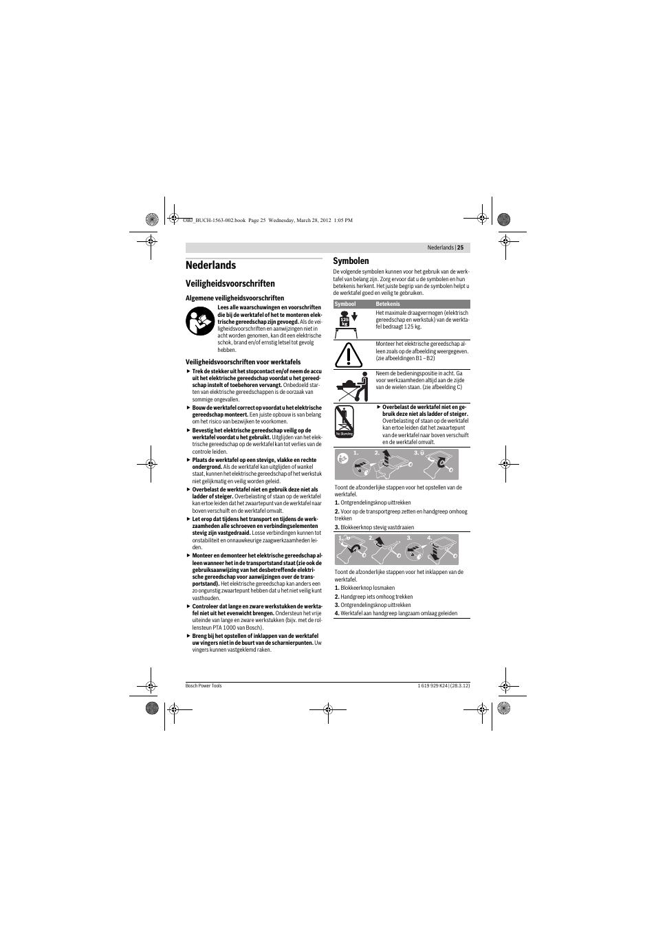 Nederlands, Veiligheidsvoorschriften, Symbolen | Bosch PTA 2000 User Manual | Page 25 / 76