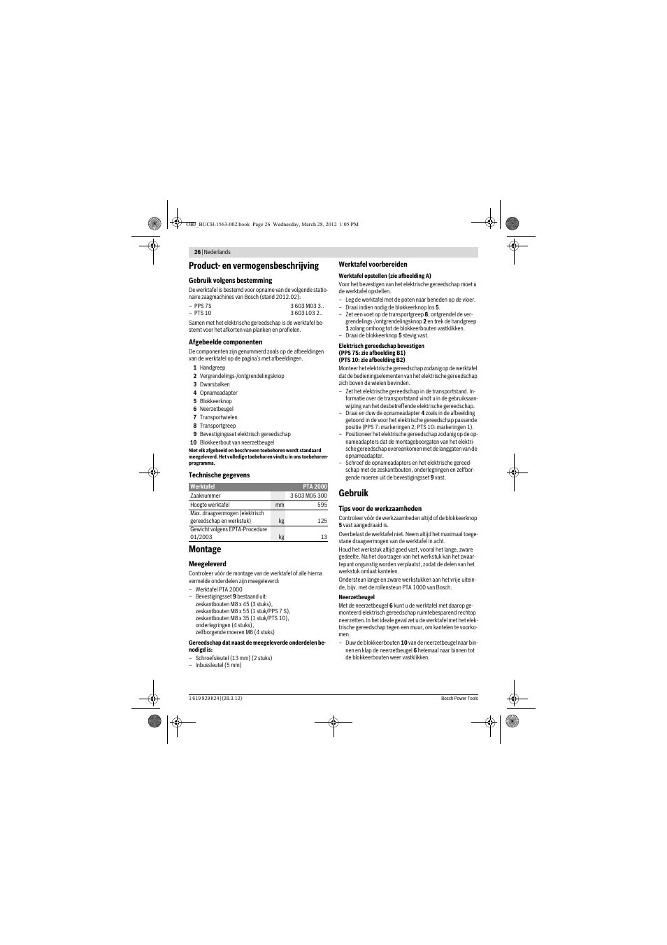 Product- en vermogensbeschrijving, Montage, Gebruik | Bosch PTA 2000 User Manual | Page 26 / 76