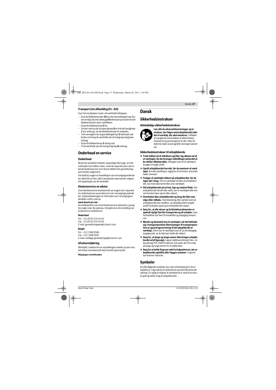 Dansk, Onderhoud en service, Sikkerhedsinstrukser | Symboler | Bosch PTA 2000 User Manual | Page 27 / 76