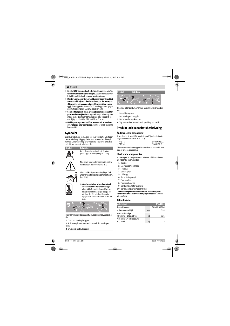 Symboler, Produkt- och kapacitetsbeskrivning | Bosch PTA 2000 User Manual | Page 30 / 76