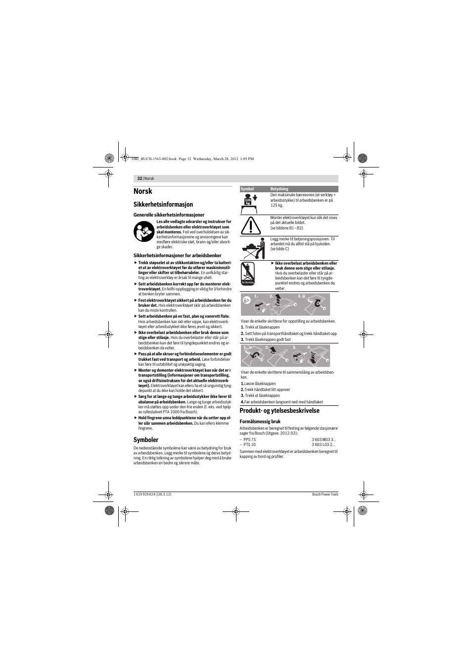 Norsk, Sikkerhetsinformasjon, Symboler | Produkt- og ytelsesbeskrivelse | Bosch PTA 2000 User Manual | Page 32 / 76