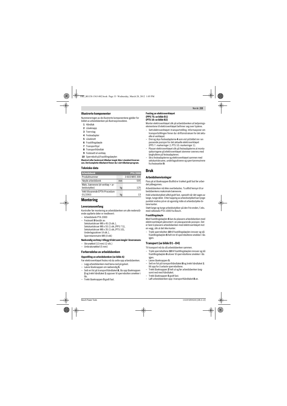 Montering, Bruk | Bosch PTA 2000 User Manual | Page 33 / 76