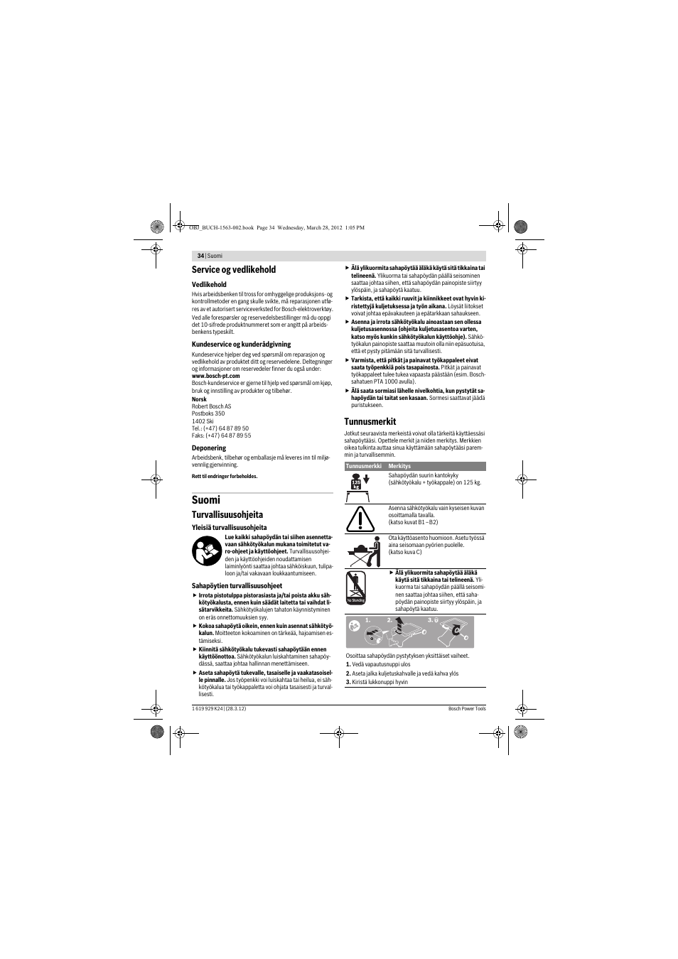 Suomi, Service og vedlikehold, Turvallisuusohjeita | Tunnusmerkit | Bosch PTA 2000 User Manual | Page 34 / 76