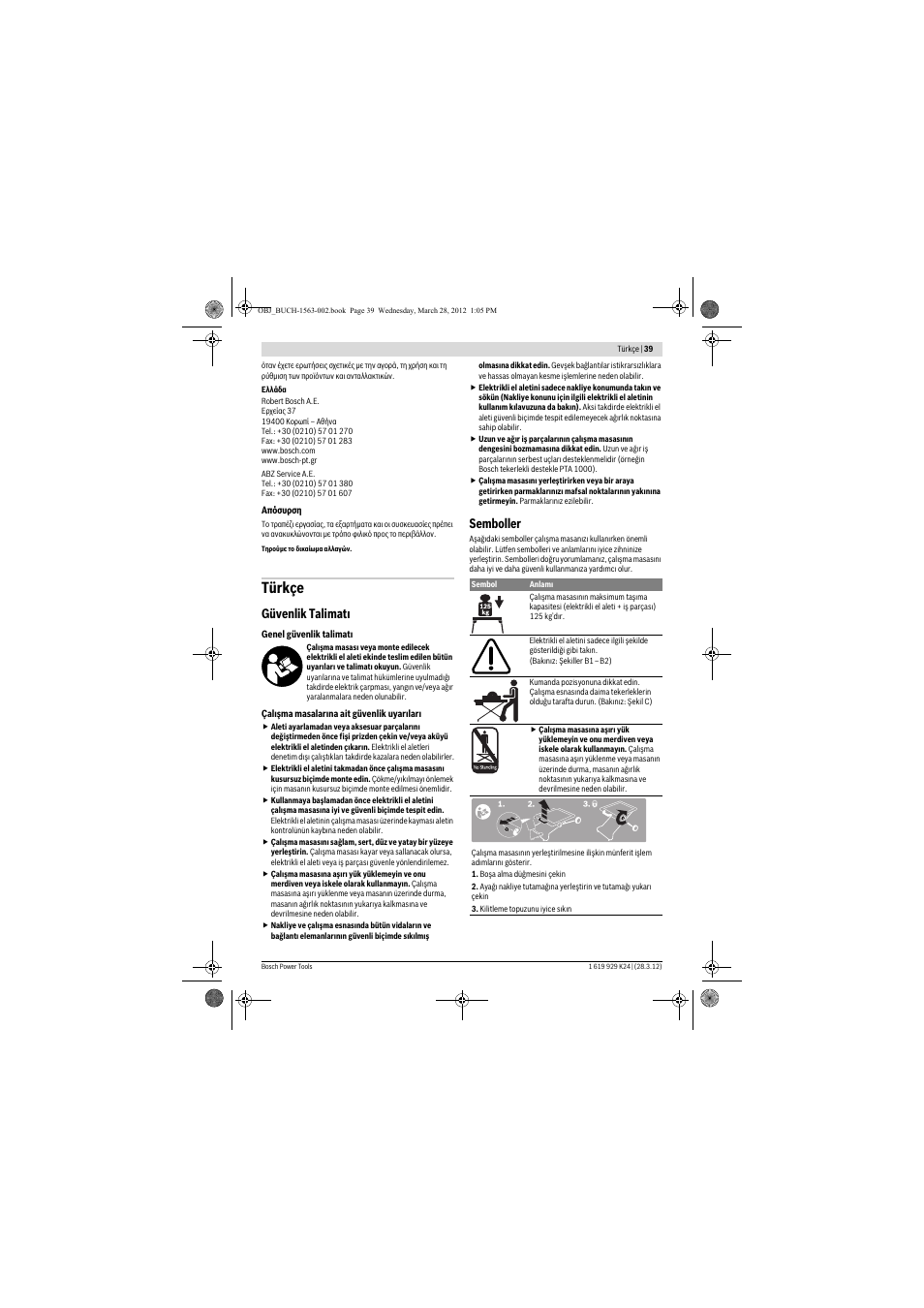 Türkçe, Güvenlik talimat, Semboller | Bosch PTA 2000 User Manual | Page 39 / 76