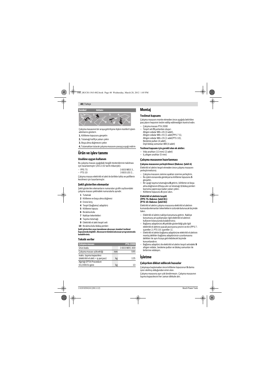 Ürün ve işlev tan m, Montaj, Işletme | Bosch PTA 2000 User Manual | Page 40 / 76