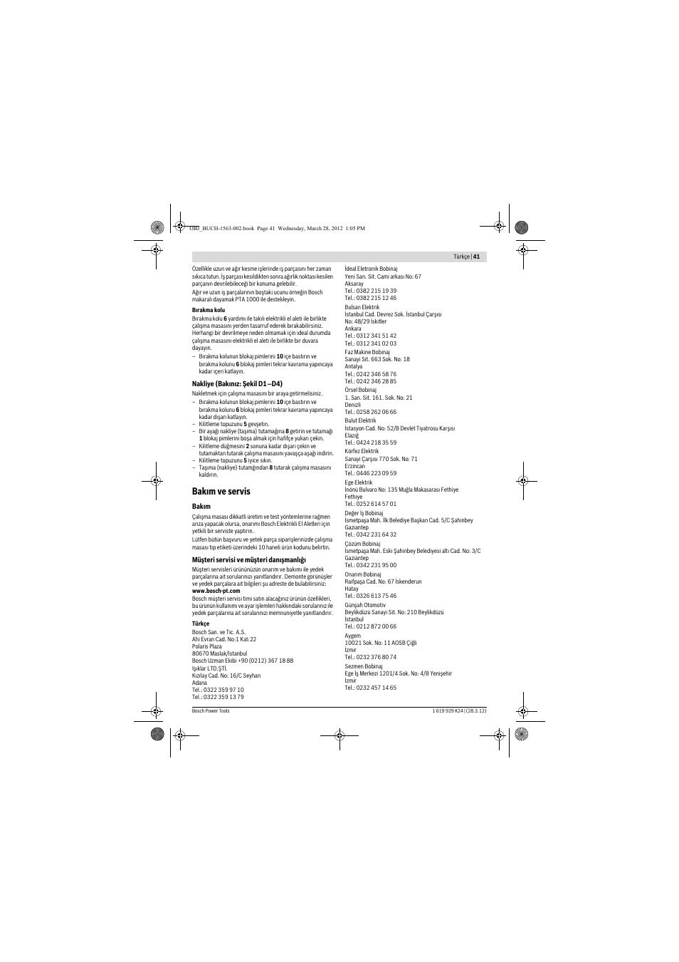 Bak m ve servis | Bosch PTA 2000 User Manual | Page 41 / 76