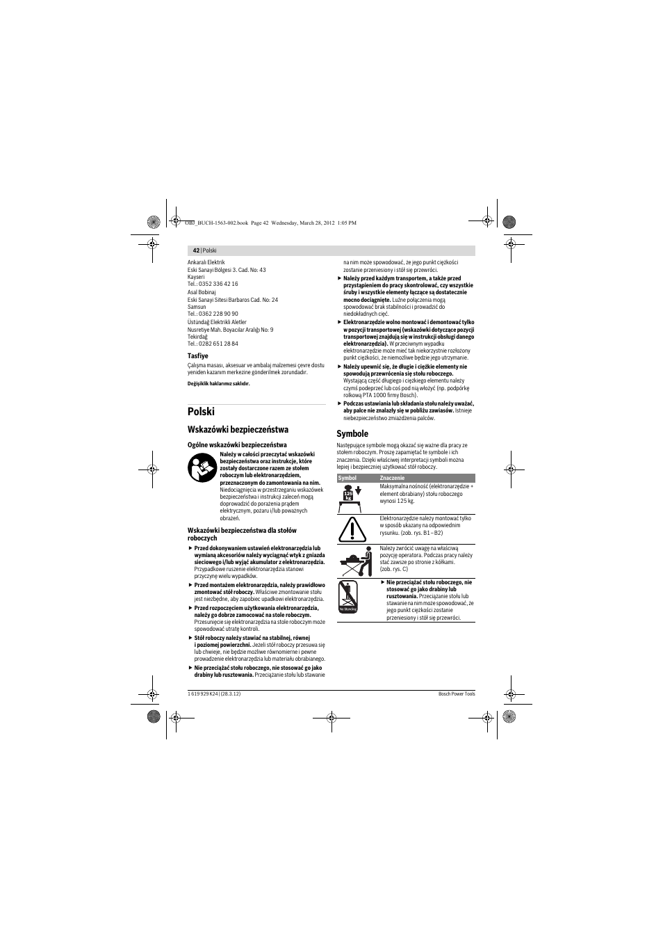 Polski, Wskazówki bezpieczeństwa, Symbole | Bosch PTA 2000 User Manual | Page 42 / 76