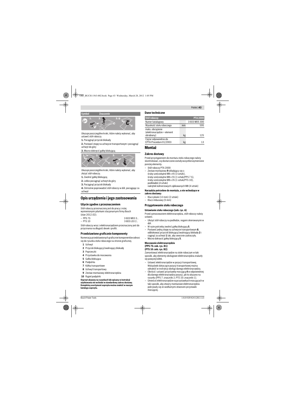 Opis urządzenia i jego zastosowania, Montaż | Bosch PTA 2000 User Manual | Page 43 / 76