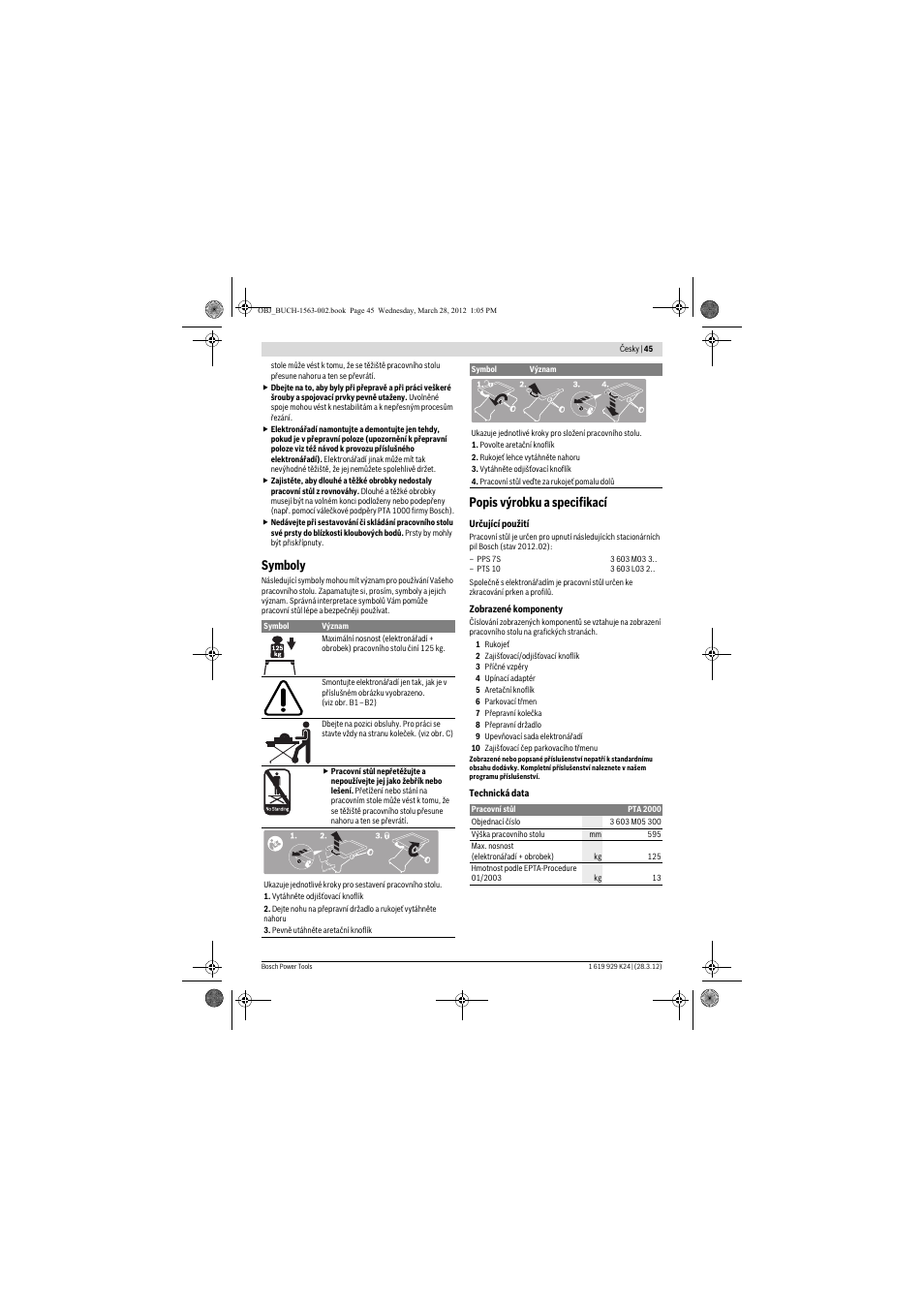 Symboly, Popis výrobku a specifikací | Bosch PTA 2000 User Manual | Page 45 / 76