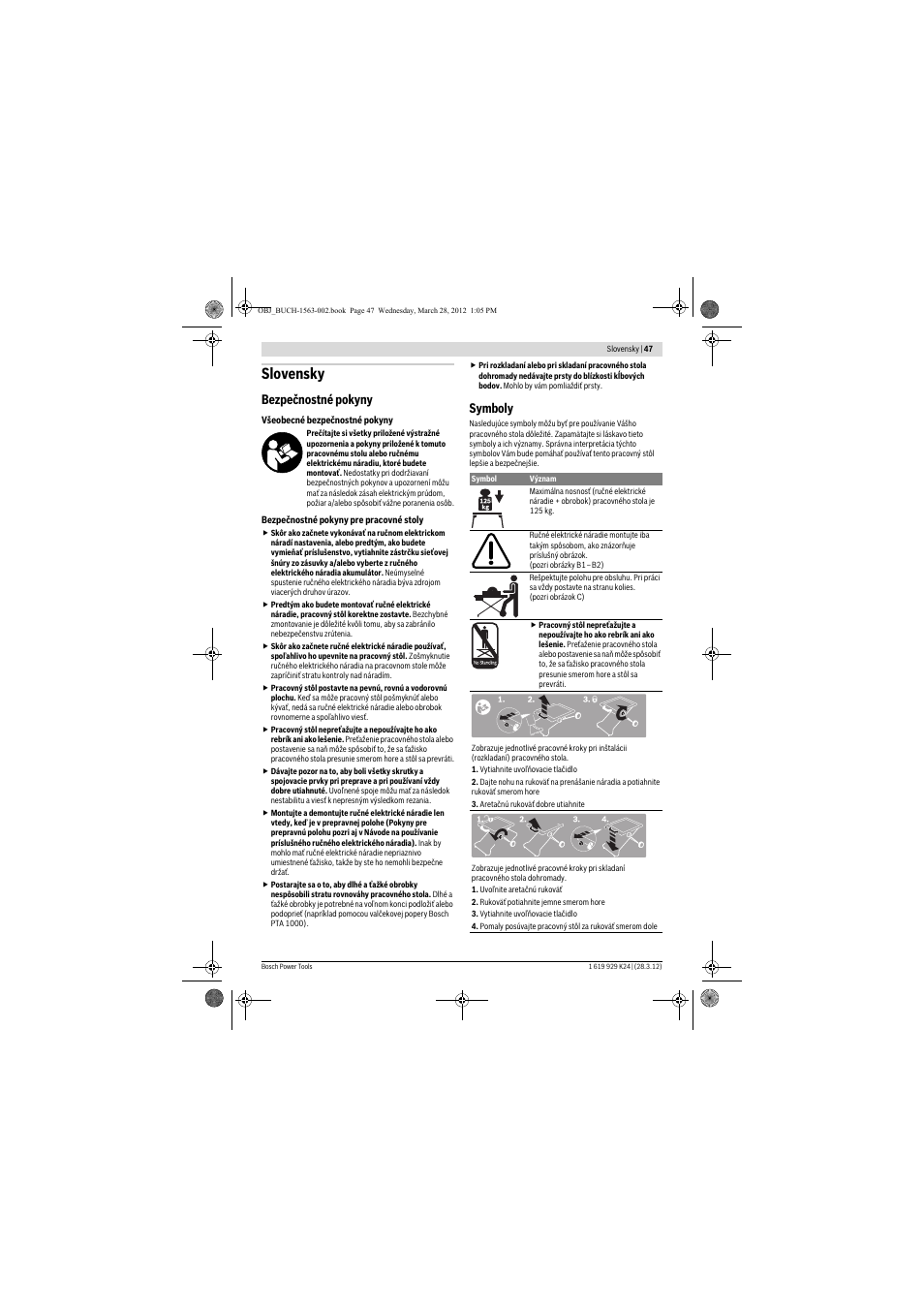 Slovensky, Bezpečnostné pokyny, Symboly | Bosch PTA 2000 User Manual | Page 47 / 76