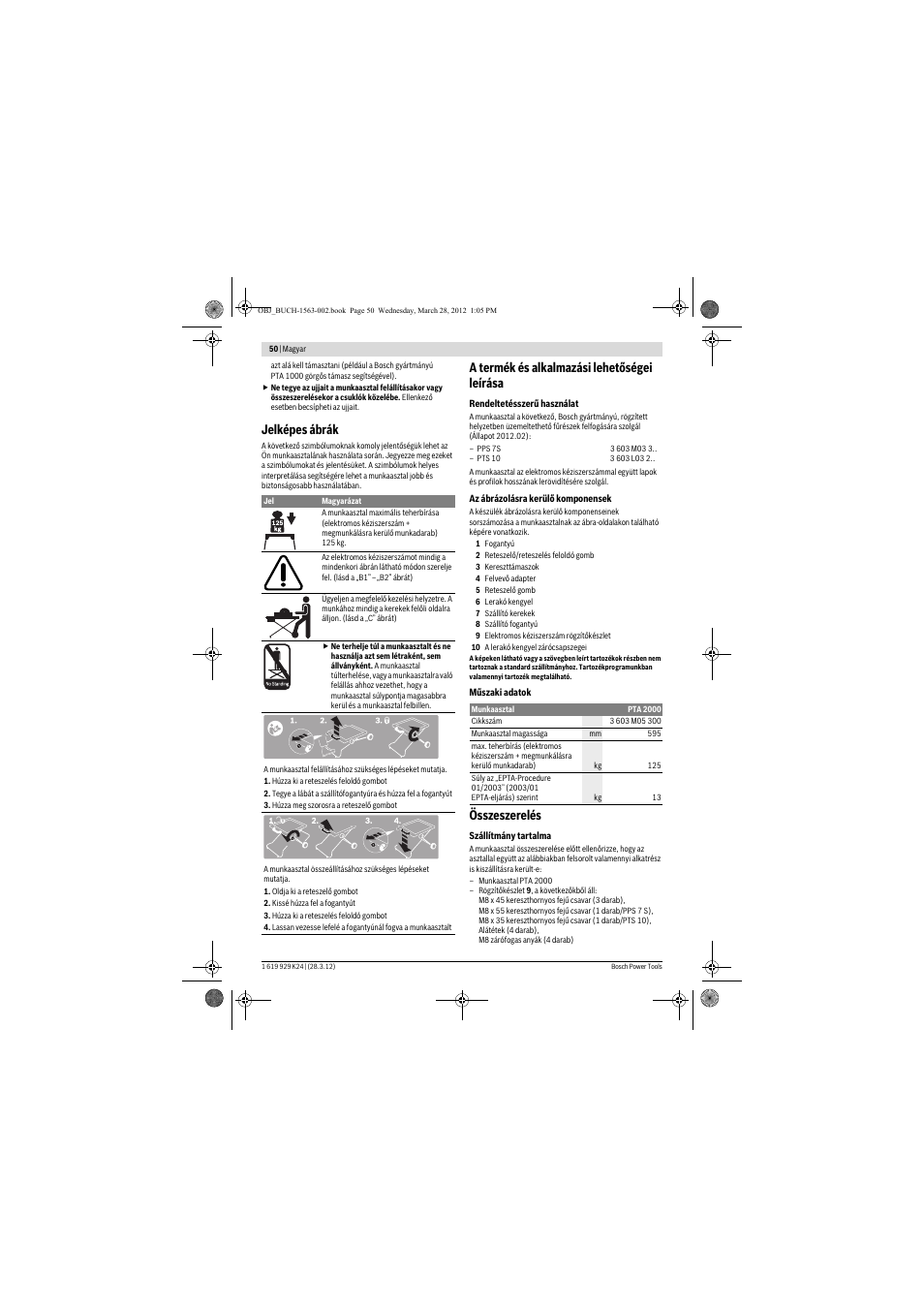 Jelképes ábrák, A termék és alkalmazási lehetőségei leírása, Összeszerelés | Bosch PTA 2000 User Manual | Page 50 / 76