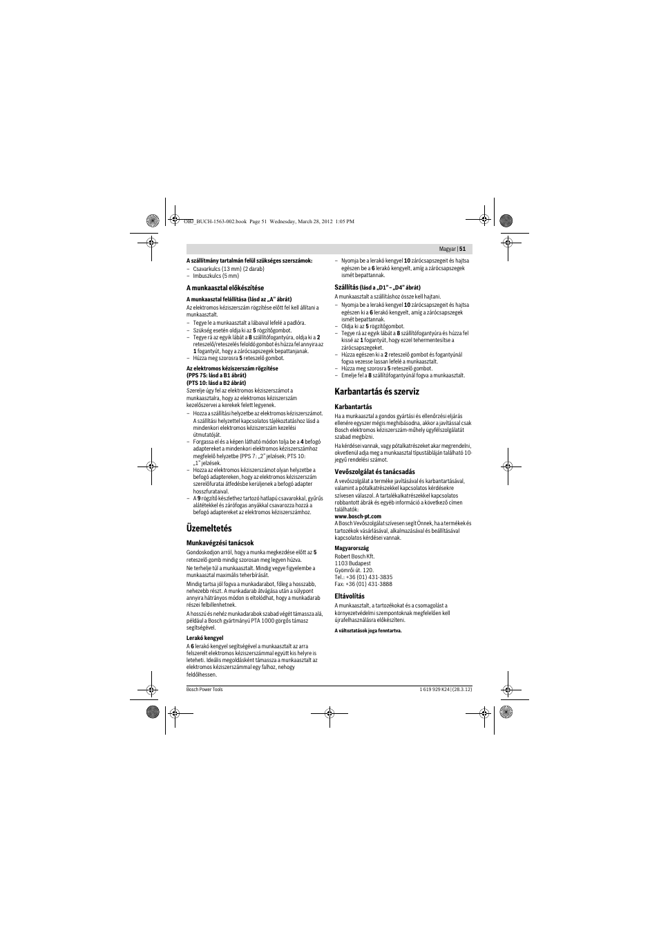 Üzemeltetés, Karbantartás és szerviz | Bosch PTA 2000 User Manual | Page 51 / 76