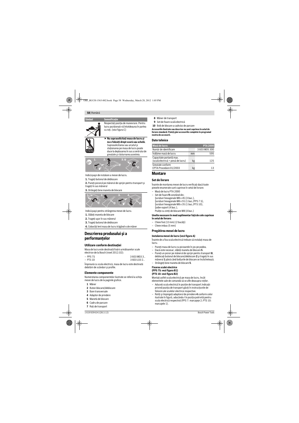 Descrierea produsului şi a performanţelor, Montare | Bosch PTA 2000 User Manual | Page 58 / 76