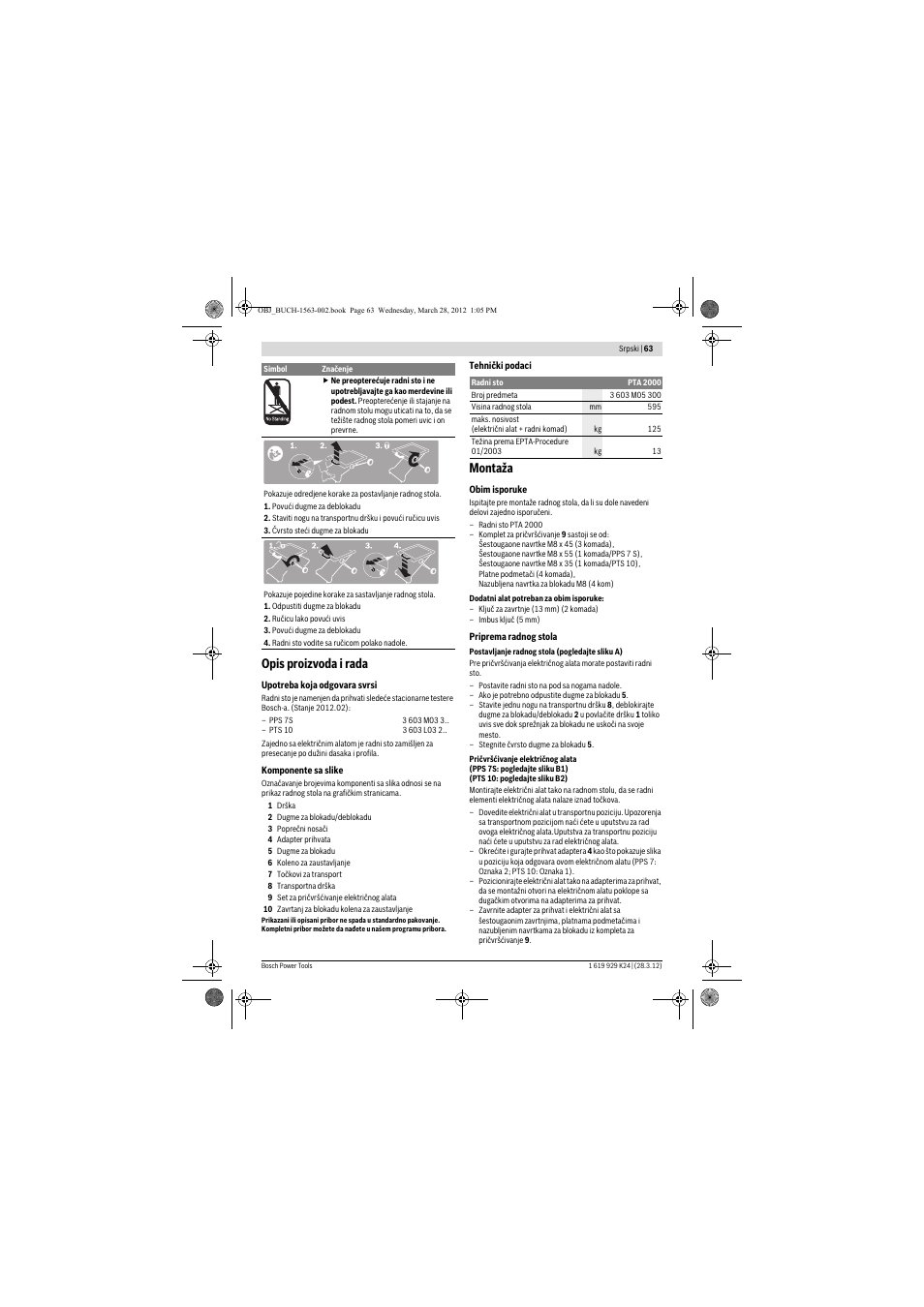 Opis proizvoda i rada, Montaža | Bosch PTA 2000 User Manual | Page 63 / 76