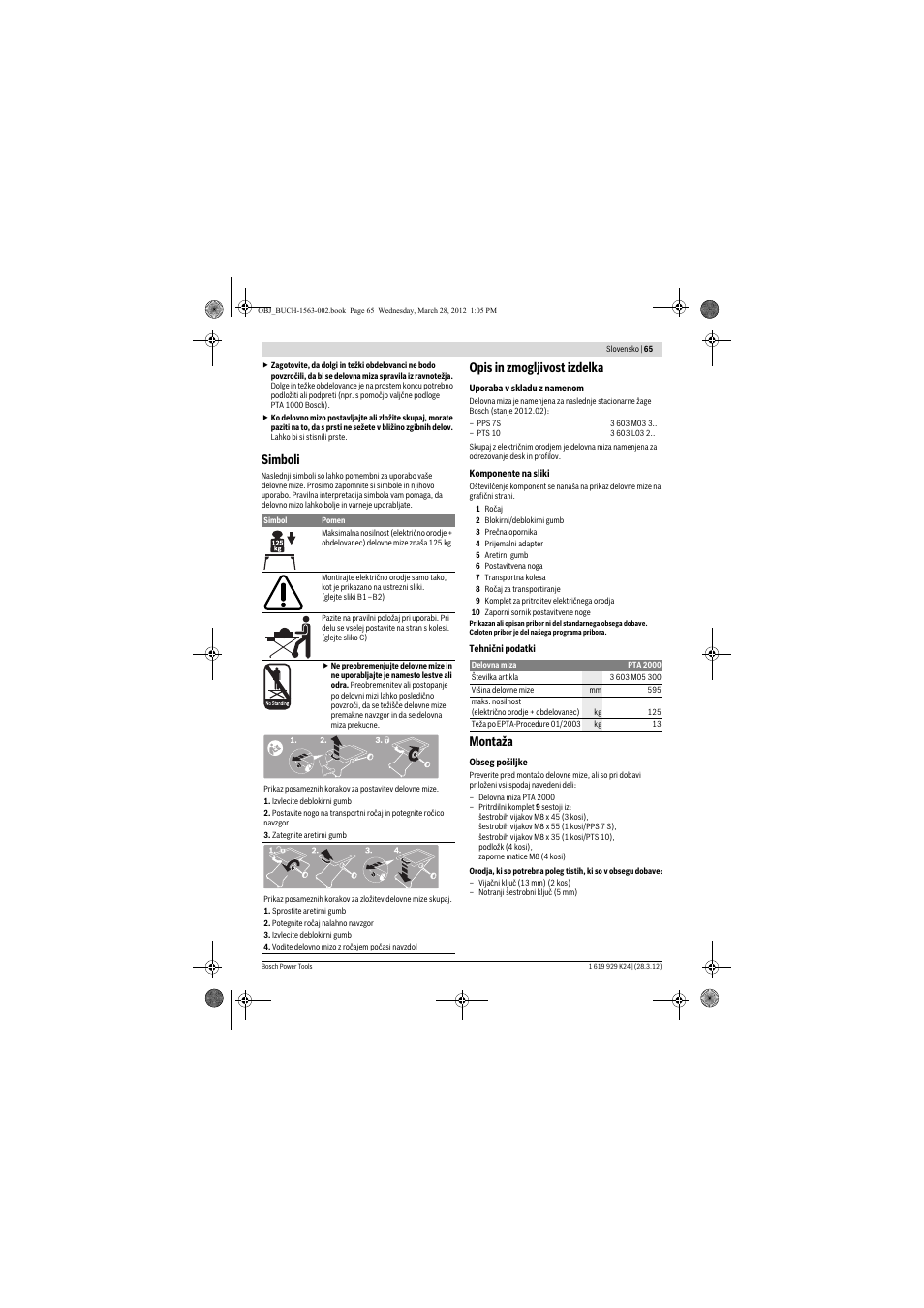 Simboli, Opis in zmogljivost izdelka, Montaža | Bosch PTA 2000 User Manual | Page 65 / 76