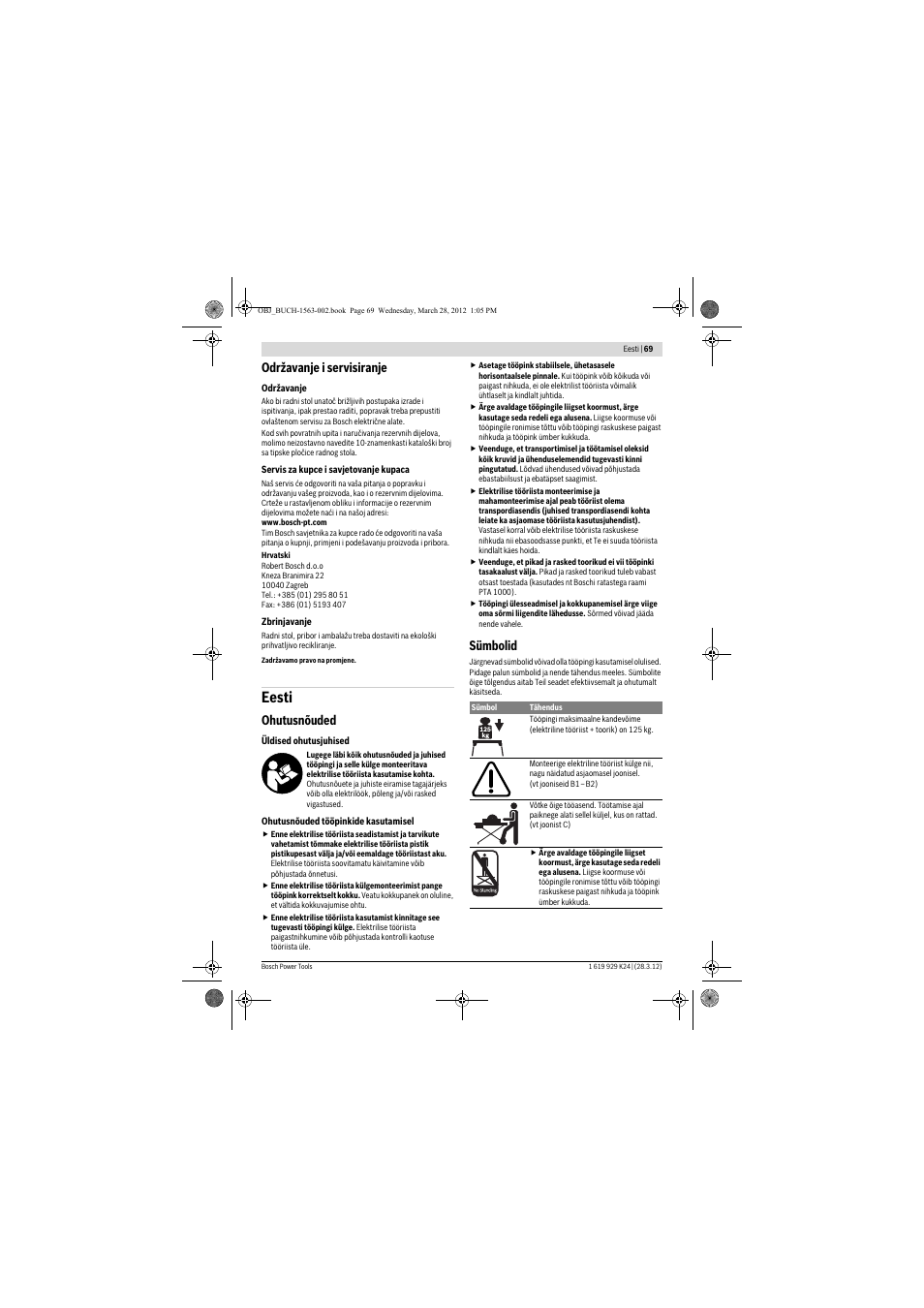 Eesti, Održavanje i servisiranje, Ohutusnõuded | Sümbolid | Bosch PTA 2000 User Manual | Page 69 / 76