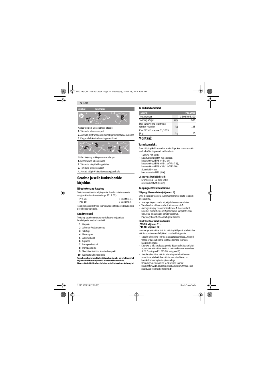 Seadme ja selle funktsioonide kirjeldus, Montaaž | Bosch PTA 2000 User Manual | Page 70 / 76