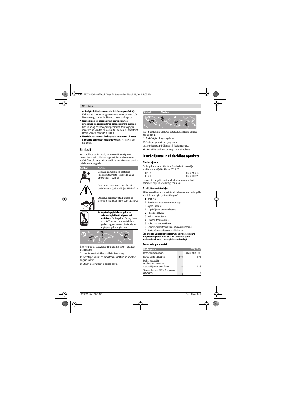 Simboli, Izstrādājuma un tā darbības apraksts | Bosch PTA 2000 User Manual | Page 72 / 76
