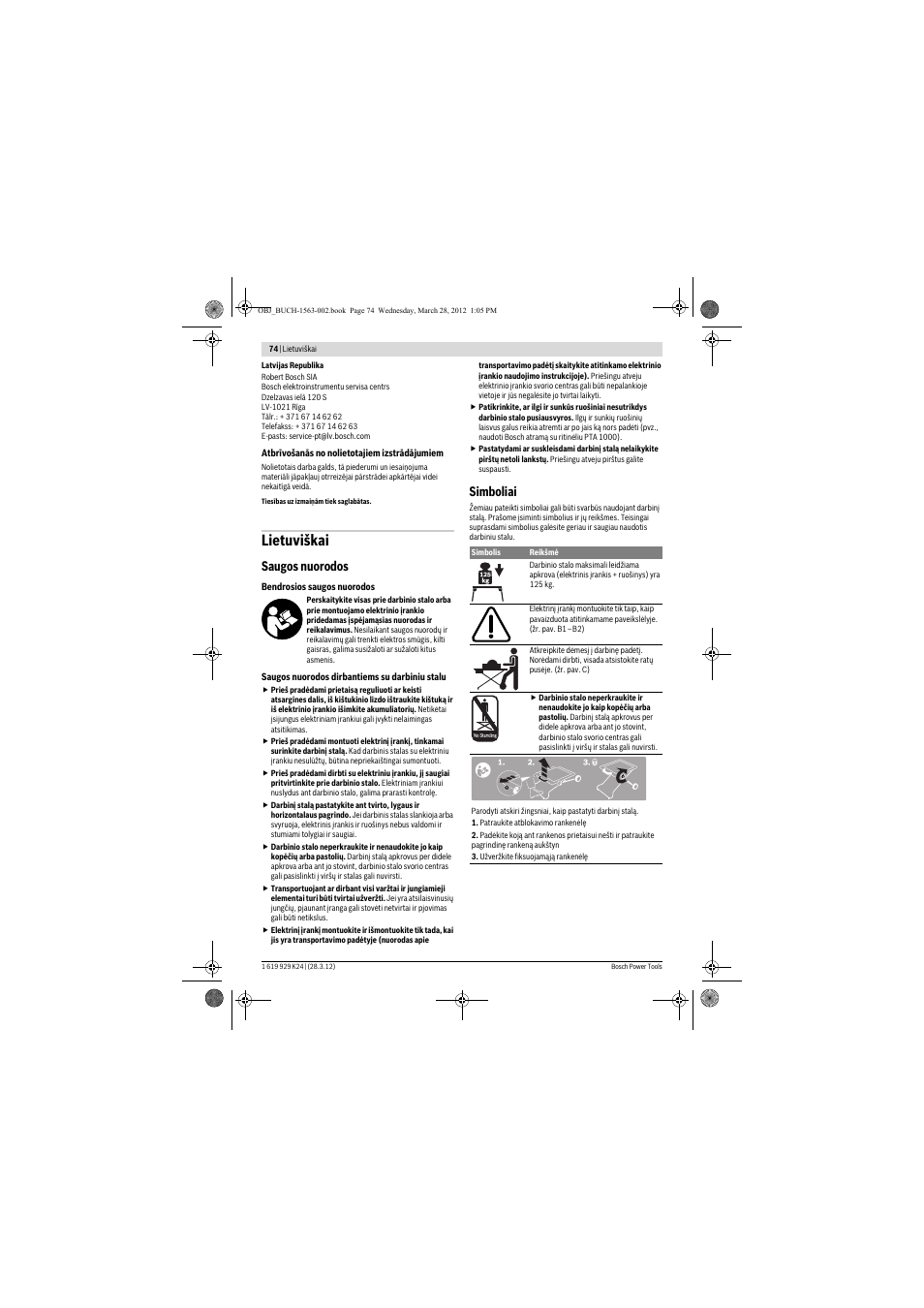 Lietuviškai, Saugos nuorodos, Simboliai | Bosch PTA 2000 User Manual | Page 74 / 76