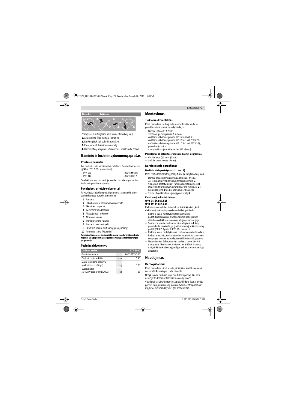 Gaminio ir techninių duomenų aprašas, Montavimas, Naudojimas | Bosch PTA 2000 User Manual | Page 75 / 76