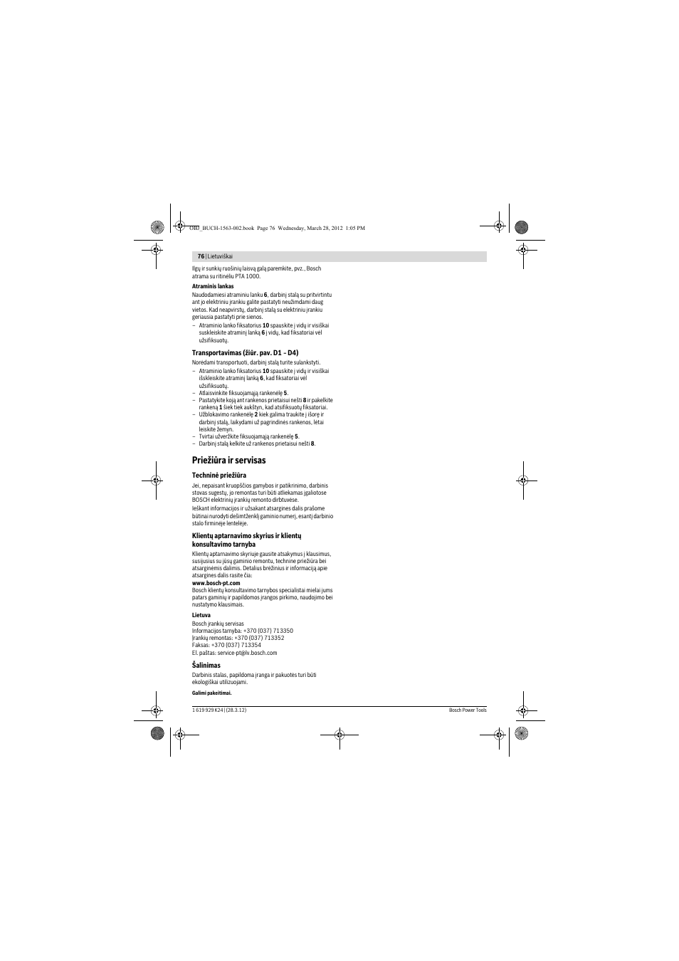 Priežiūra ir servisas | Bosch PTA 2000 User Manual | Page 76 / 76