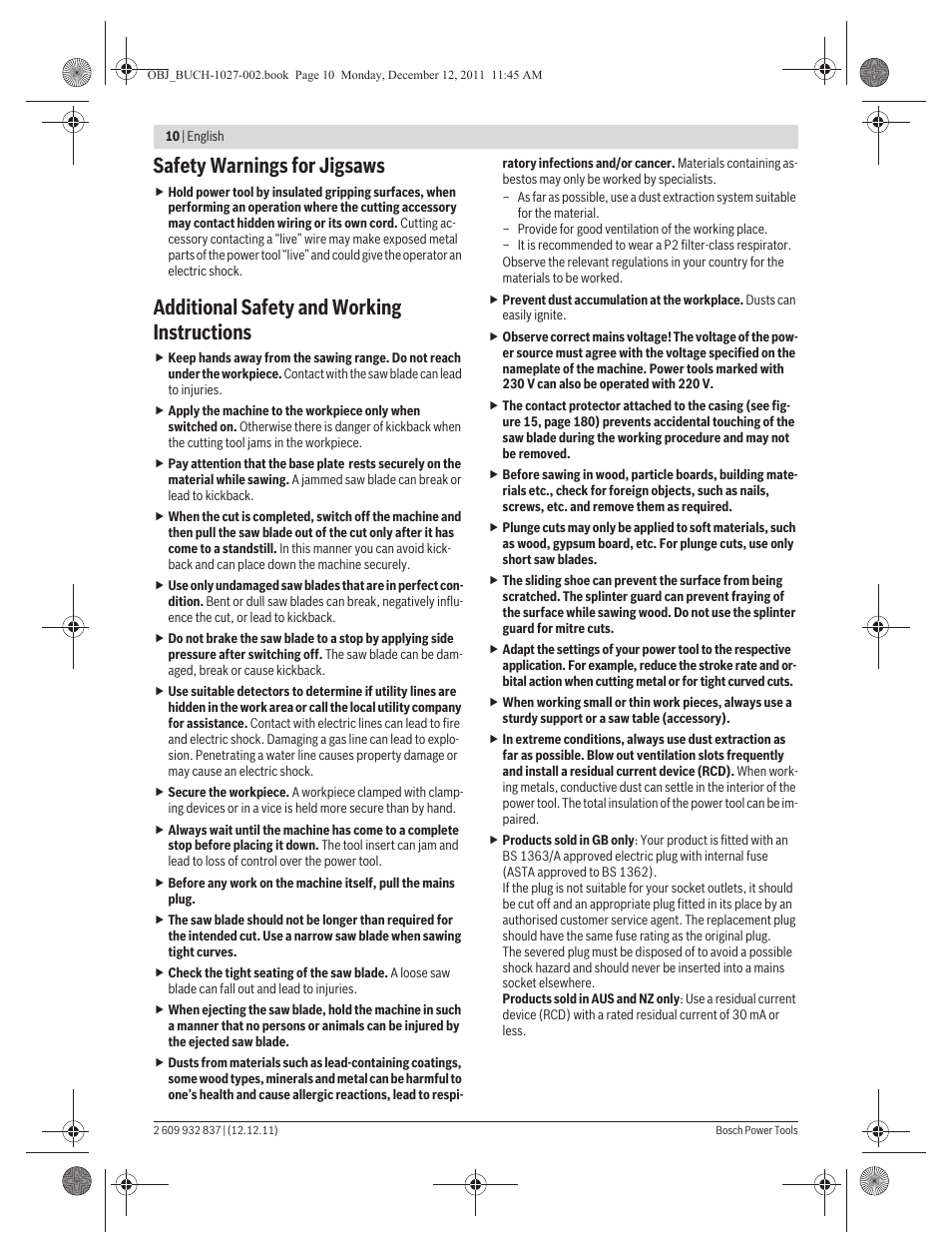 Safety warnings for jigsaws, Additional safety and working instructions | Bosch GST 150 BCE Professional User Manual | Page 10 / 184