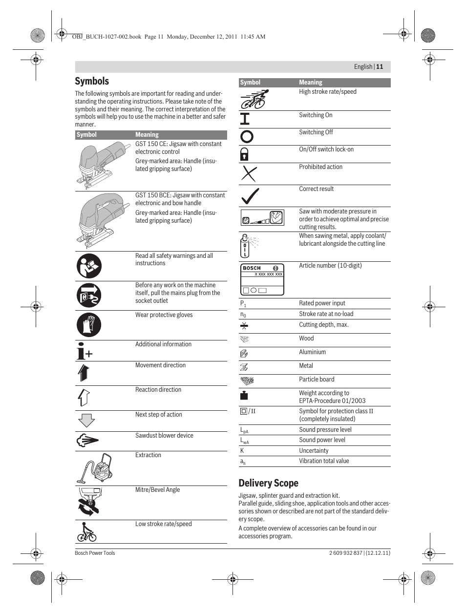 Symbols, Delivery scope | Bosch GST 150 BCE Professional User Manual | Page 11 / 184