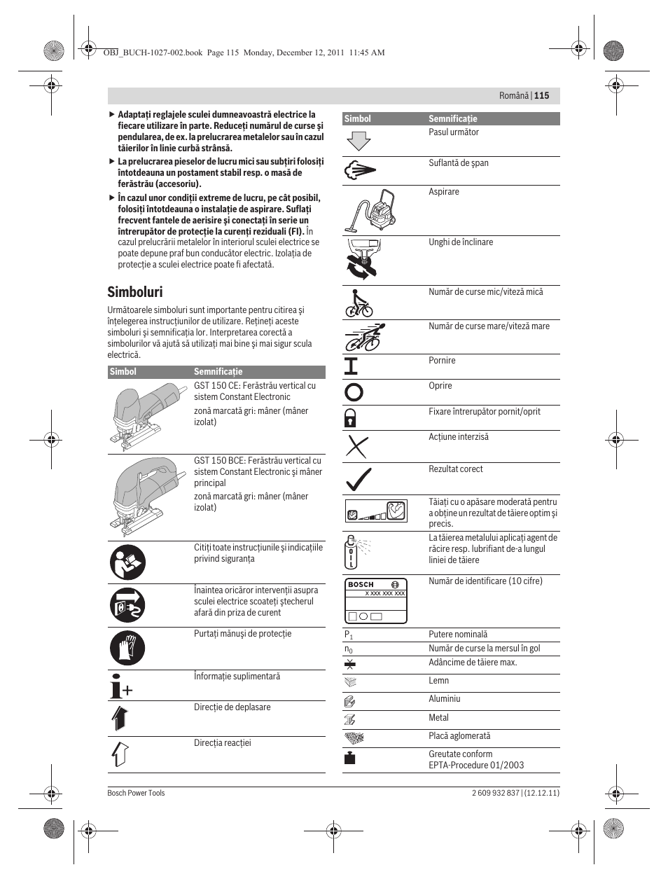 Simboluri | Bosch GST 150 BCE Professional User Manual | Page 115 / 184