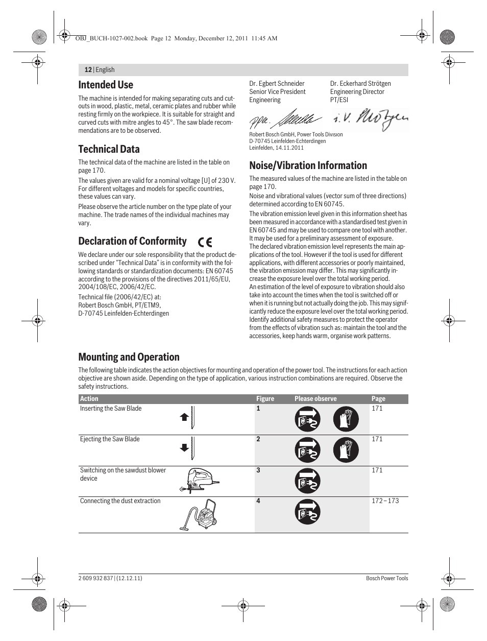 Intended use, Technical data, Declaration of conformity | Noise/vibration information, Mounting and operation | Bosch GST 150 BCE Professional User Manual | Page 12 / 184